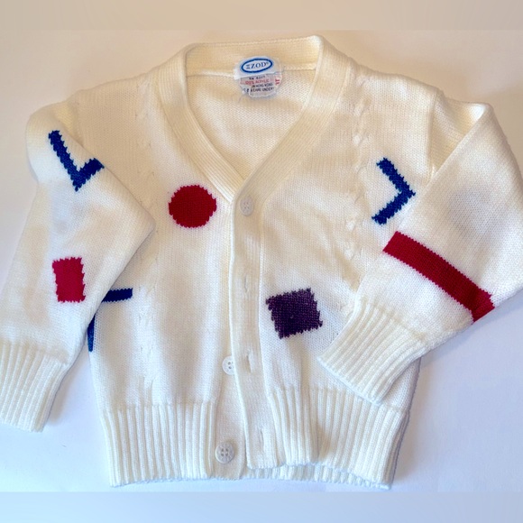 VINTAGE IZOD KIDS WHITE SWEATER BUTTON DOWN CARDIGAN GEOMETRIC SHAPES 3T - Picture 2 of 7